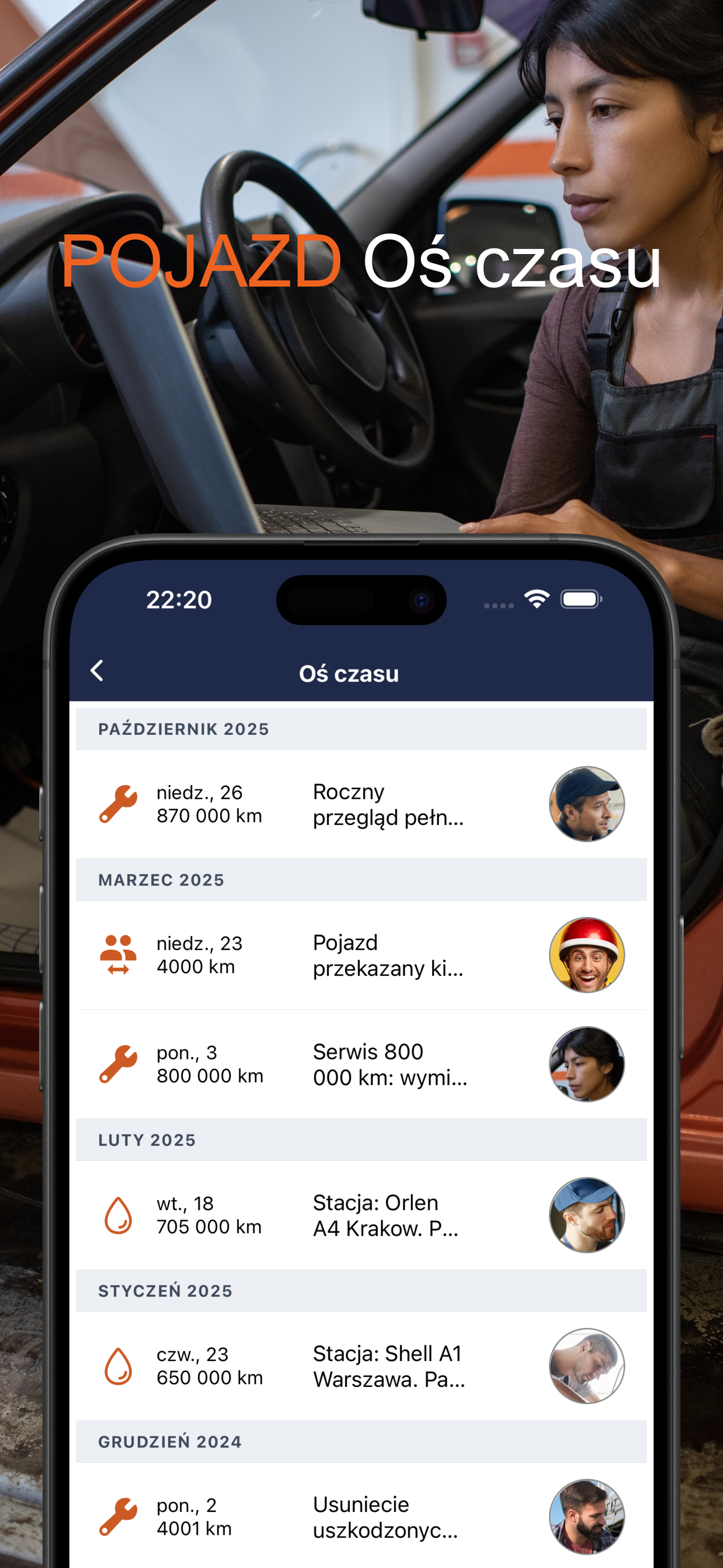 Oś czasu pojazdu z historią usterek
